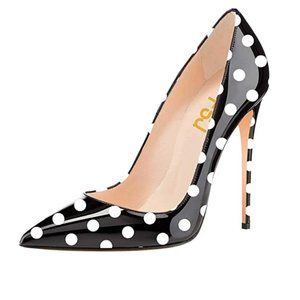 FSJ Black Polka Dots Formal Pointed Toe Slip On Pumps